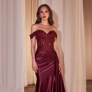 NEW OFF THE SHOULDER SATIN DRESS W/ SEQUINS EMBROIDERY & SWEETHEART NECK CD803